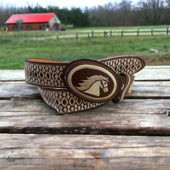 YAC leather and silk  handmade Mexican Charro horse accent belt brown & cream - Picture 1 of 11